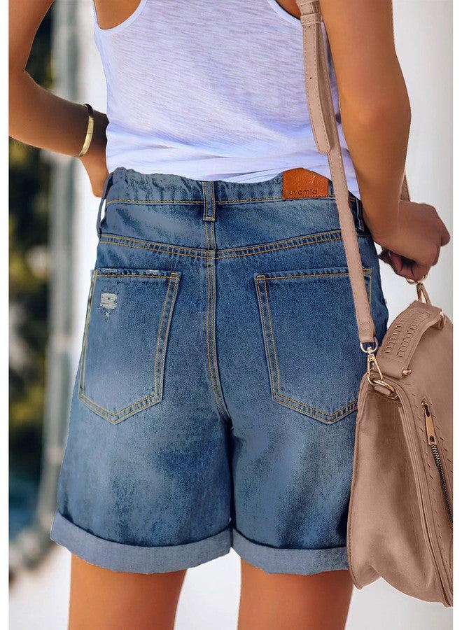 luvamia Women's Casual Ripped Denim Shorts High Rise Summer Destoryed Jeans Shorts Country Concert Outfits for Women After Dusk Blue Size Medium - Image 2